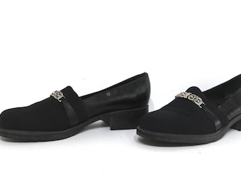 vintage BLACK leather penny loafer Silver buckle FLATS shoes -- 80s 90s size Women's size 9.5 - FREE shipping U.S.A.