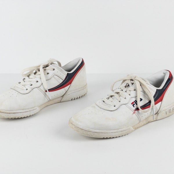 Vintage 1980s 90s white tennis shoes classic FILA white shoes red and blue strip-- womens 8.5