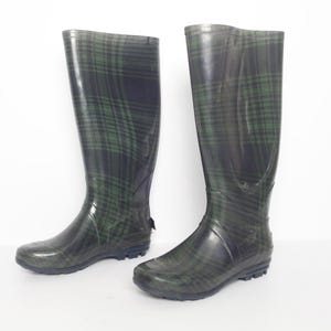vintage GREEN & blue checked plaid RUBBER rain tall boots 90s y2k - women&#39;s size 7 -- good condition -- FREE shipping