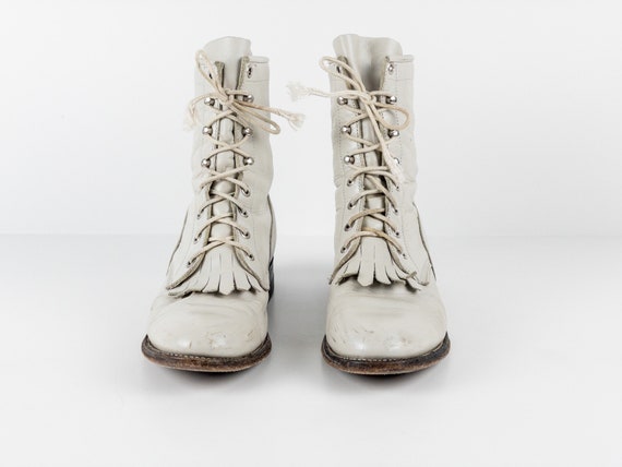Vintage SIZE 7 Heeled Combat Style Boots White opal grey JUSTIN