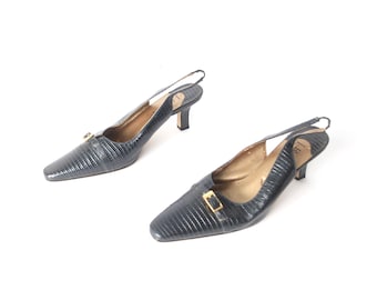 vintage y2k KITTEN heel CROC blue grey squared off toe pointy -- size 9M -- platform heels