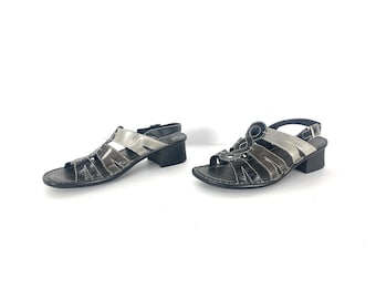 vintage MINIMALIST Regenbogen in schwarz gestreift 1980er Jahre Riemchen Vintage Sandalen LEDER Vintage Sandalen - Damen Gr. 9,5 M - KOSTENLOSER Versand USA