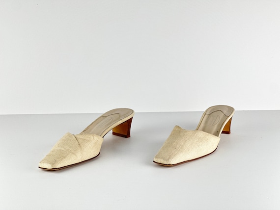 super SQUARE toe beige camel LINEN 90s y2k slides… - image 1