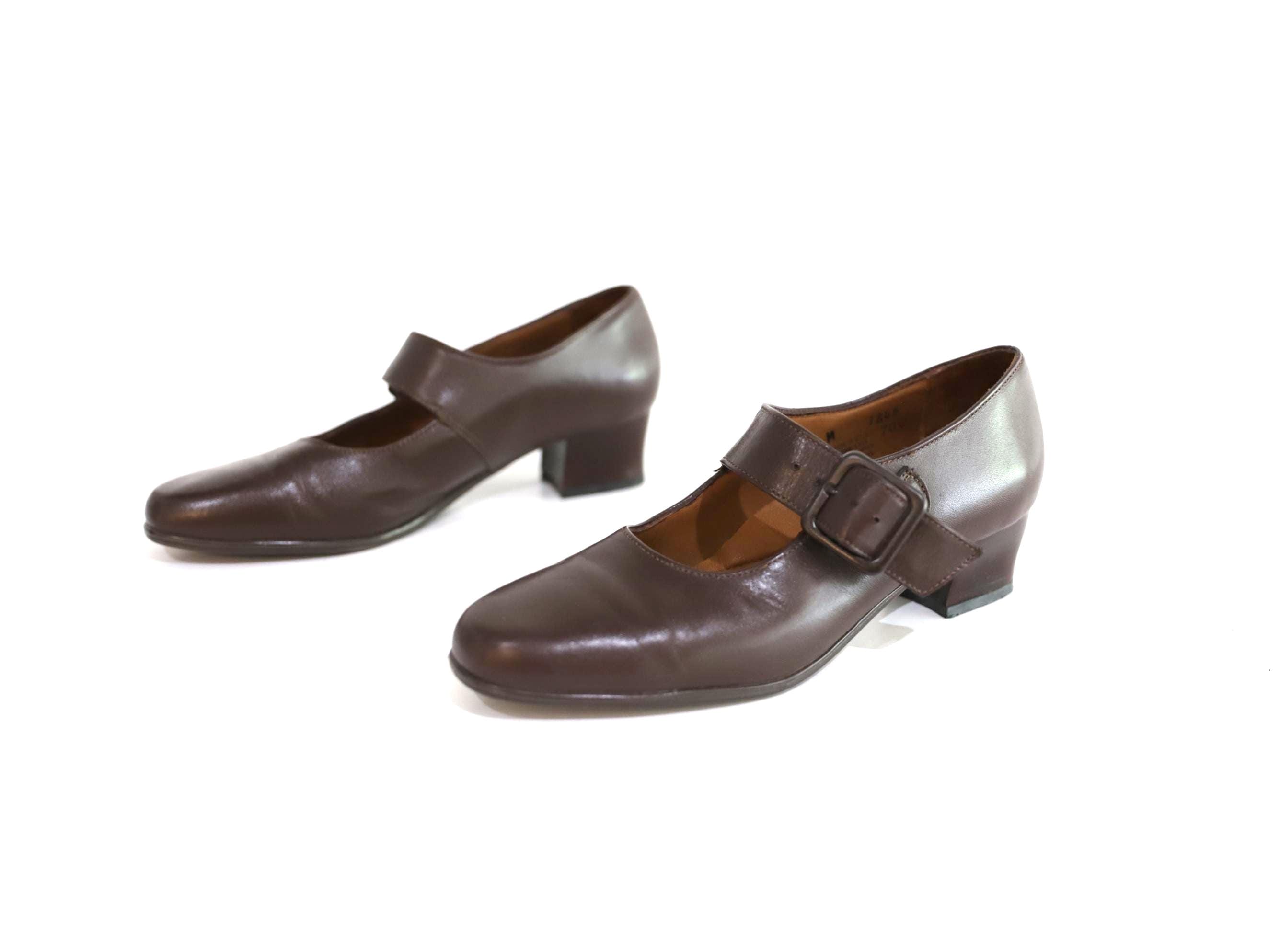 靴 vintage square toe leather shoes Vintage Brown/red Leather Women's Oxford MARY JANE'S Chunky Square