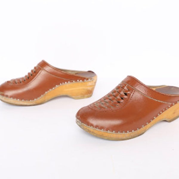 Sabots en cuir marron vintage des années 60 et 70, sabots classiques à talon en bois, chaussures pour femmes--taille US 6 femmes