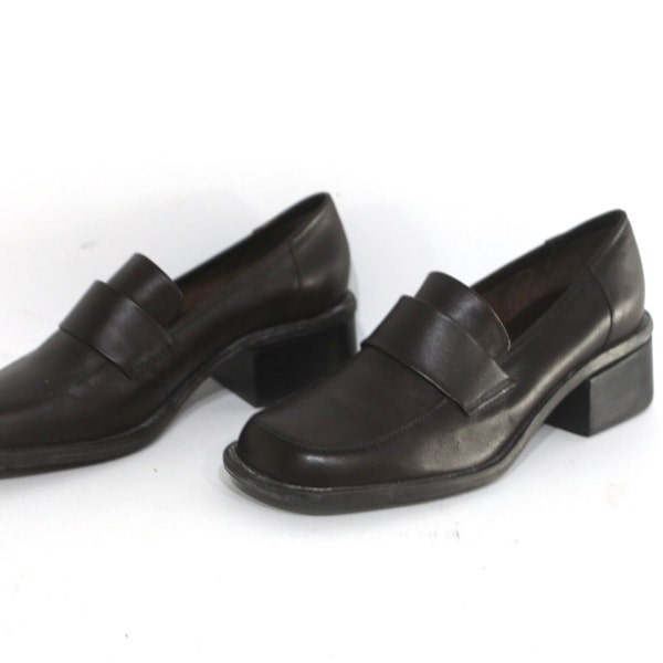 vintage designer size 7.5 brown SQUARE toe / heel 90s y2k platform penny LOAFER chunky shoes -- women's size 7.5