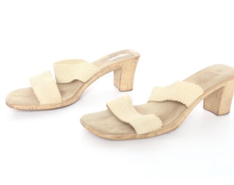 vintage CREAM stappy heeled clog wooden heel womens mule shoes ---size 8 - FREE shipping U.S.A