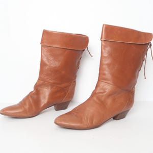 Vintage bruin/rode SLOUCHY gestrikte laarzen jaren 70/80 LEREN midi-laarzen -- damesmaat 12 B