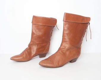 Vintage brown/red SLOUCHY tie back 1970s 80s boots LEATHER midi boots -- women's size 12 B
