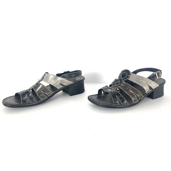 vintage black & grey LEATHER women's platform MARY Jane's PLATFORM square toe heels -- women's size 9.5 u.s.