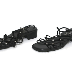 black VEGAN platform square toe STRAPPY studded vintage SANDALS women&#39;s size 7.5 vintage goth slides