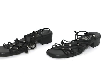 black VEGAN platform square toe STRAPPY studded vintage SANDALS women's size 7.5 vintage goth slides