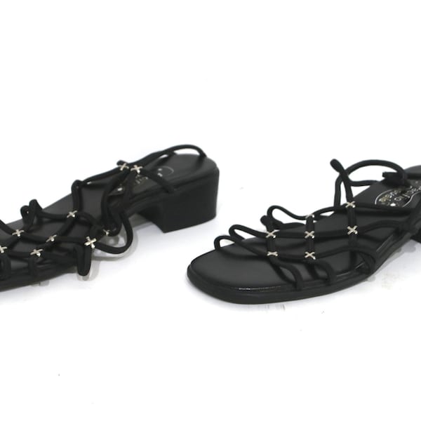 black VEGAN platform square toe STRAPPY studded vintage SANDALS women's size 7.5 vintage goth slides