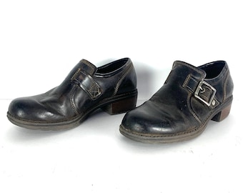 vintage BROWN chunky platform heel LEATHER buckle mary jane's shoes -- size 6M women's U.S.