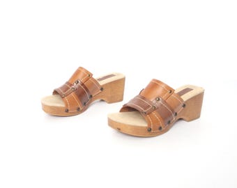 vintage 90s y2k LEATHER color BLOCK mules open toe CLOGS lower east side brand platform sandals mules -- Women's Size 7.5 - Free shipping