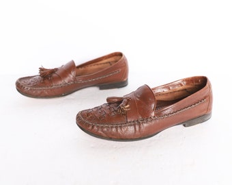 Mocasines vintage de piel marrón con borlas, planos, tipo sandalias para verano y otoño, talla 8.5 N (EE. UU.) para mujer