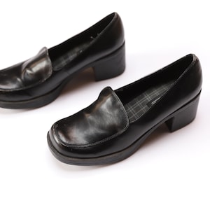 vintage 1990s y2k vegan leather BLACK square toe/heel women's PLATFORM loafer style shoes -- US women's size 10