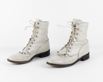 vintage SIZE 7 heeled combat style boots white/opal/grey JUSTIN brand leather riding boots -- women's size 7