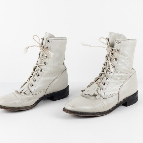 vintage SIZE 7 heeled combat style boots white/opal/grey JUSTIN brand leather riding boots -- women's size 7