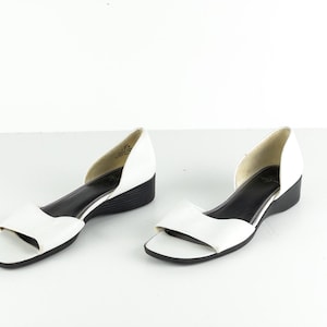 vintage PLATFORM white leather 90s y2k black FLAT square peep toe slip on MULES slides sandals-- size women&#39;s 8.5