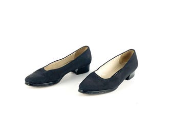 vintage SQUARE toe women's BLACK kitten heels vegan ballet style women's shoes -- size 6.5 women's shoes - Free shipping U.S.A