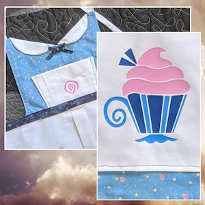 May include: A blue and white apron with a floral pattern and a white collar. A white pocket with a pink spiral design is visible. A large graphic of a pink and blue cupcake is also shown.