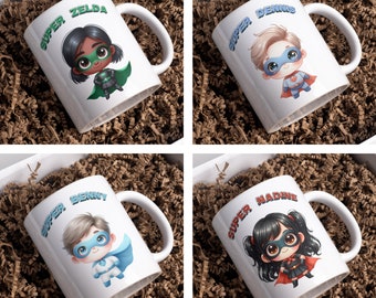 Custom Name Mug Superhero Kids Personalized Mug Birthday Gift Kids Cocoa Mug Hot Chocolate Mug Customizable Mug for Daughter Birthday Gift