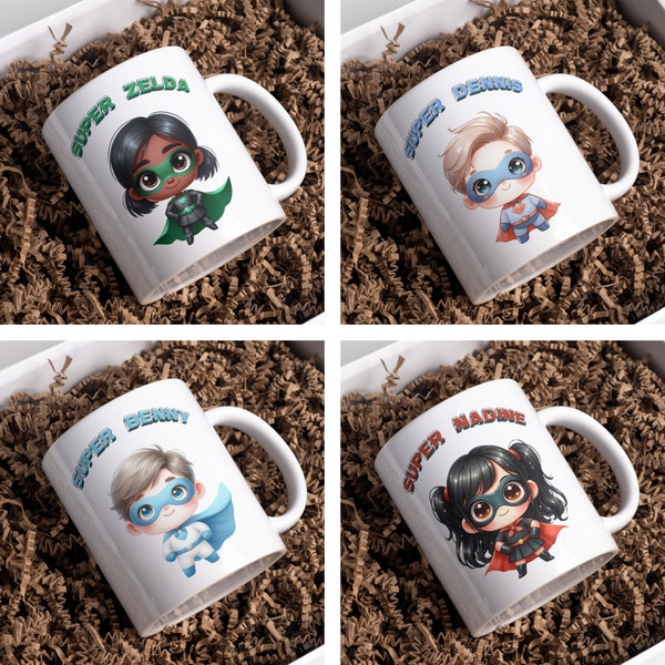 Custom Name Mug Superhero Kids Personalized Mug Birthday Gift Kids Cocoa Mug Hot Chocolate Mug Customizable Mug for Daughter Birthday Gift