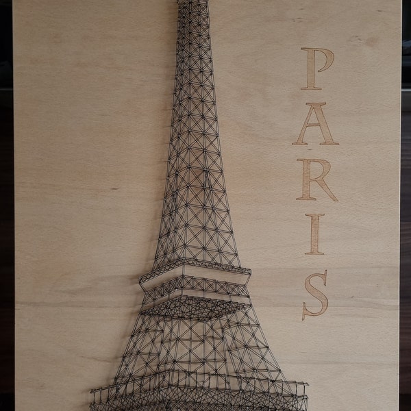 EIFFELTURM PARIS Holz Fadenbild, Fadenkunst, String Art, Brandmalerei