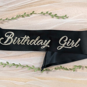 Premium Satin Glitter Birthday Sash - Birthday Girl - Party Sash Glitter Text Different Colors