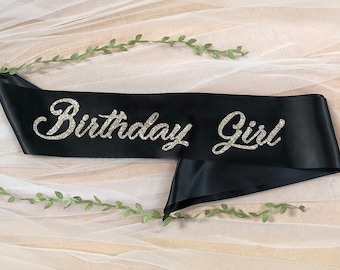 Premium Satin Glitter Birthday Sash - Birthday Girl - Party Sash Glitter Text Different Colors
