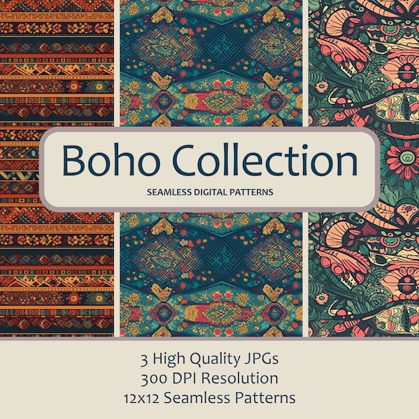 Boho Digital Paper Seamless Pattern, Hippie, Vintage, Natural, Artistic, Relaxed, Boho-chic, Earthy, Colorful Backgrounds Instant Download