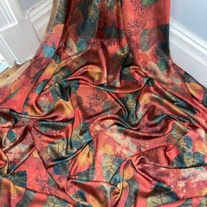 1 mtr red lightweight silky floral leaf printed charmeuse satin fabric..58&quot; wide