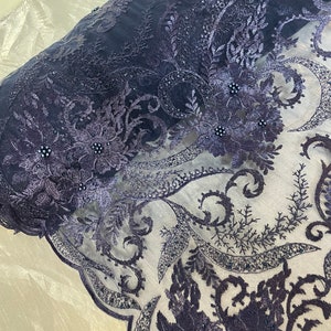 Navy blue floral embroided pearl scalloped tulle net bridal fabric..52” wide