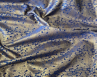 Royal blue/gold paisley print banarsi brocade,jacqaurd fabric..50” wide