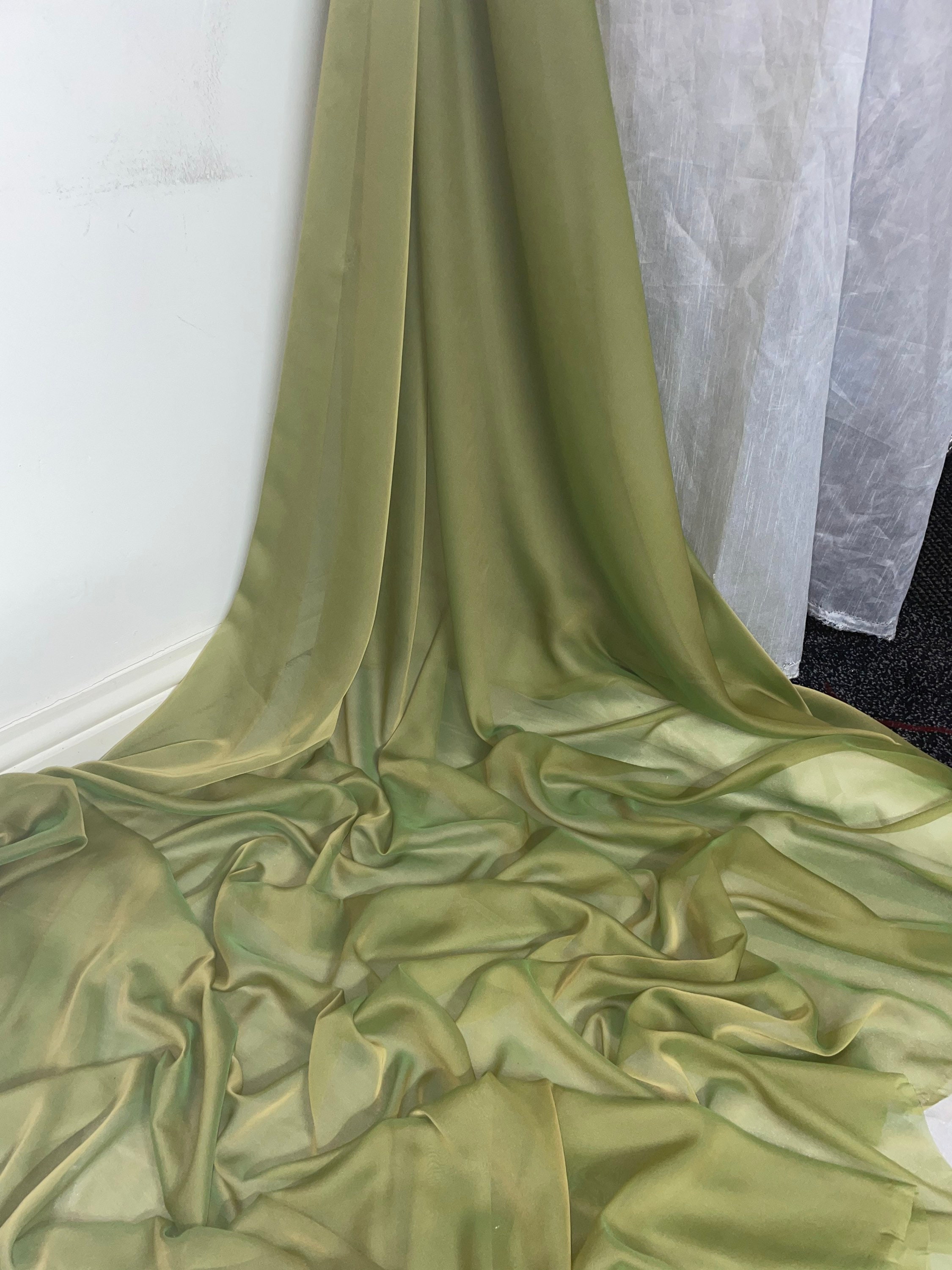 1 Mtr Two Tone Olive Green Cationic Sheer Bridal Chiffon Fabric