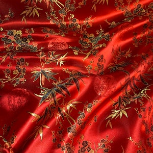 Tela de brocado chino con medallón oriental rojo y flores, 1 m, 45&quot; de ancho, 0295