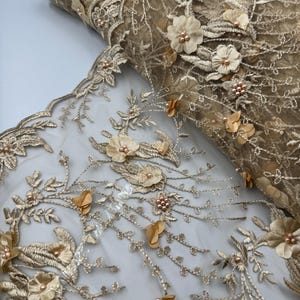 Gold 3D floral embroided pearl scalloped tulle net bridal fabric..52” wide
