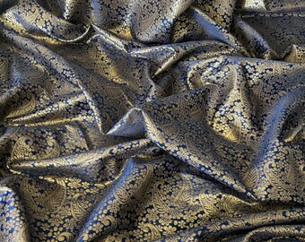Navy blue/gold paisley print banarsi brocade,jacqaurd fabric..50” wide