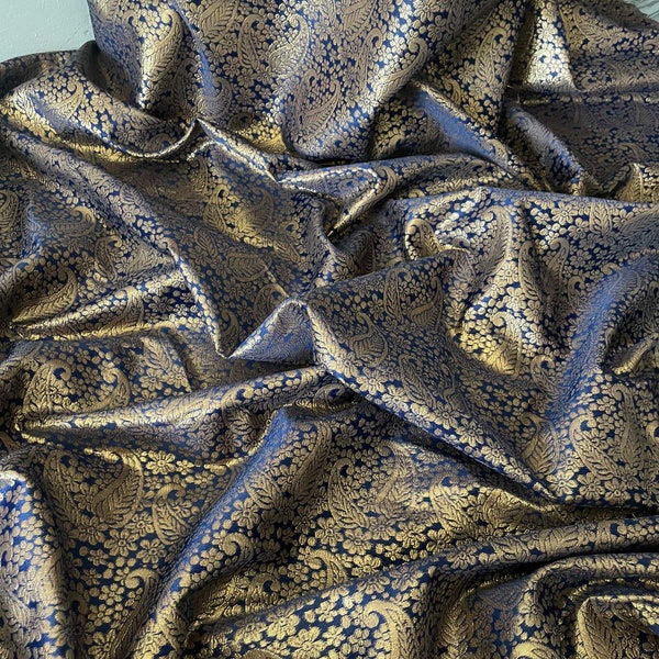 Navy blue/gold paisley print banarsi brocade,jacqaurd fabric..50” wide