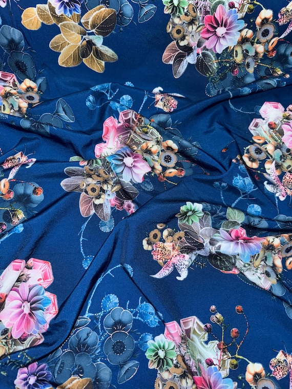 floral polyester dress fabric Painterly Floral Printed Polyester Satin Organza - Blue / Black / White
