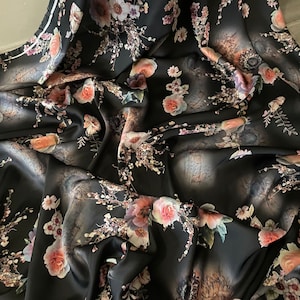 1 mtr black floral printed lightweight silky charmeuse satin fabric..58&quot; wide