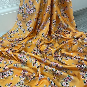 1 mtr yellow gold  floral printed lightweight silky charmeuse satin fabric..58&quot; wide