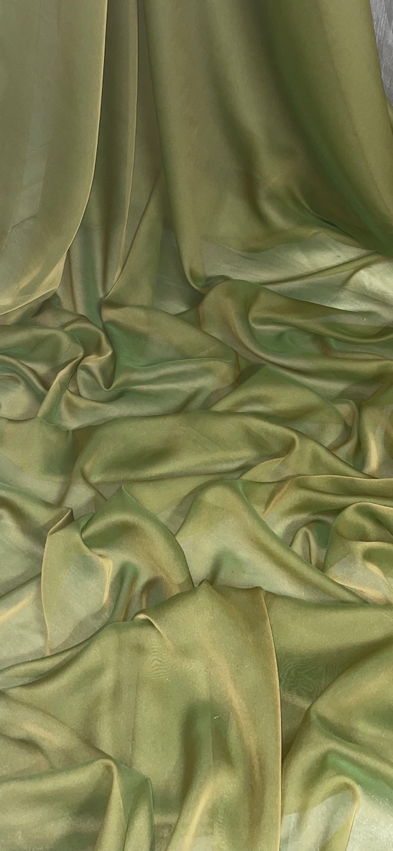 1 Mtr Two Tone Olive Green Cationic Sheer Bridal Chiffon Fabric