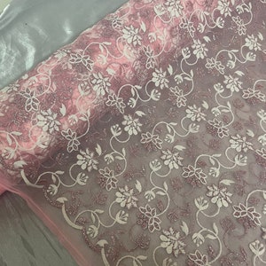 Baby pink floral embroided scalloped tulle net bridal fabric..54” wide