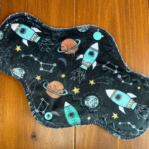 10” Heavy Space Ship and Planet Minky Cloth Pad - Serged - Mama Cloth - Reusable Menstrual Pad