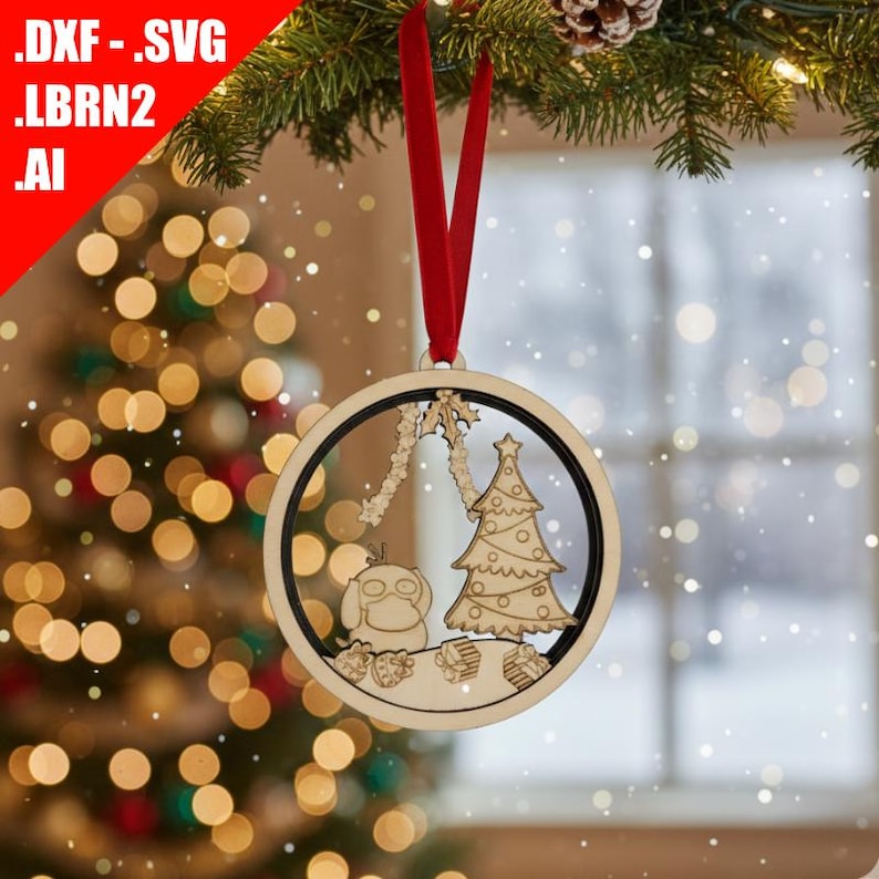 May include: Wooden Christmas ornament with a circular frame, featuring a laser-cut design of a Christmas tree, a character, and decorative elements. The ornament hangs from a red ribbon. The text '.DXF .SVG .LBRN2 .AI' is in the upper left corner.