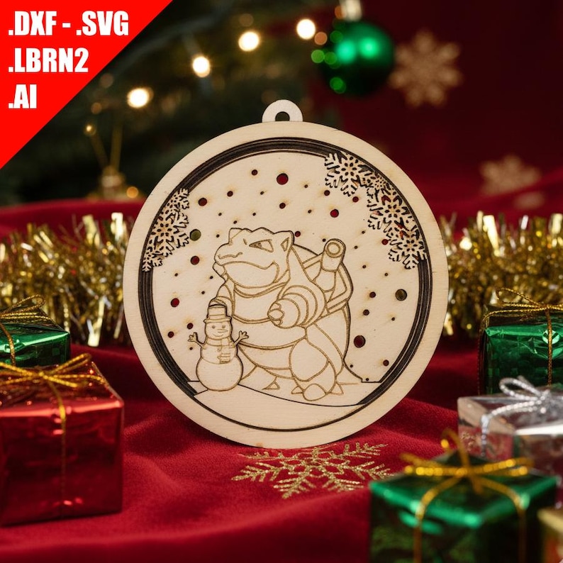 May include: A wooden Christmas ornament featuring a laser-cut design of a cartoon character with a snowman in a snowy scene. The ornament has a circular shape with a small loop for hanging. The background includes Christmas presents and a Christmas tree.