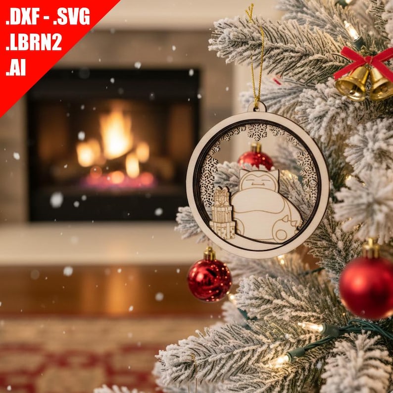 May include: A wooden Christmas ornament featuring a cartoon character with gifts and a Santa hat inside a circular frame. The ornament hangs on a snowy Christmas tree with red ornaments and lights. The text '.DXF .SVG .LBRN2 .AI' is in the upper left corner.