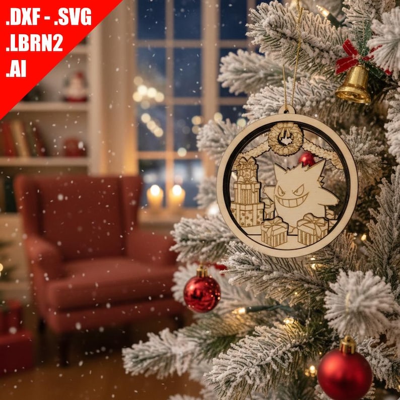 May include: Wooden Christmas ornament featuring a smiling cartoon character, gifts, and a wreath design. The ornament is hanging on a snow-covered Christmas tree with red ornaments and a small gold bell. The text in the corner reads '.DXF - .SVG .LBRN2 .AI'.
